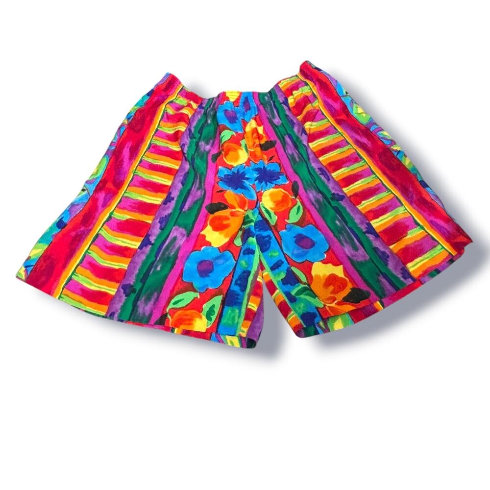 Vintage‎ Colorful Floral Striped Shorts Bright Tropical Pull On Resort Dopamine